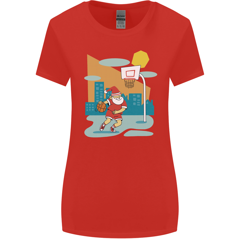 Christmas Santa Playing Basketball Xmas Womens Wider Cut T-Shirt Red