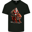 Christmas Santa Riding a Dinosaur Xmas Mens V-Neck Cotton T-Shirt Black