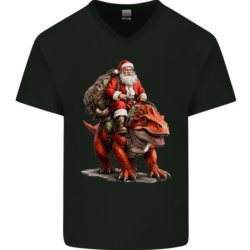 Christmas Santa Riding a Dinosaur Xmas Mens V-Neck Cotton T-Shirt Black