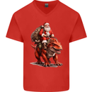 Christmas Santa Riding a Dinosaur Xmas Mens V-Neck Cotton T-Shirt Red