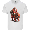 Christmas Santa Riding a Dinosaur Xmas Mens V-Neck Cotton T-Shirt White