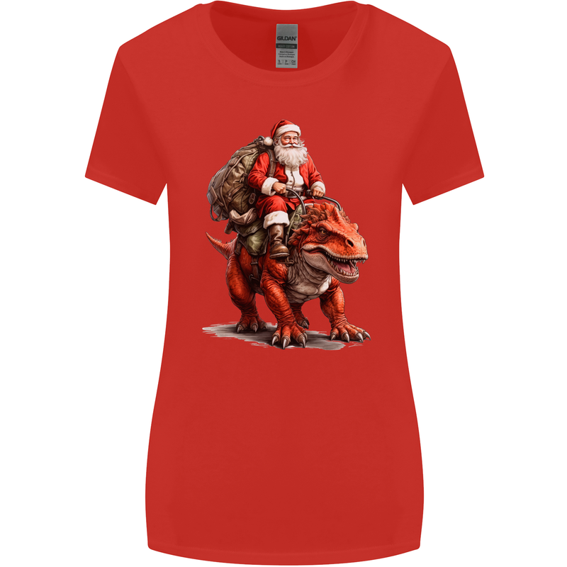 Christmas Santa Riding a Dinosaur Xmas Womens Wider Cut T-Shirt Red