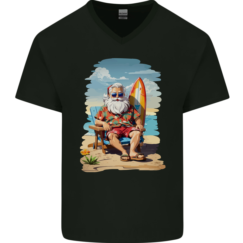 Christmas Santa With Surfboard Xmas Surfing Mens V-Neck Cotton T-Shirt Black