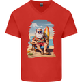 Christmas Santa With Surfboard Xmas Surfing Mens V-Neck Cotton T-Shirt Red