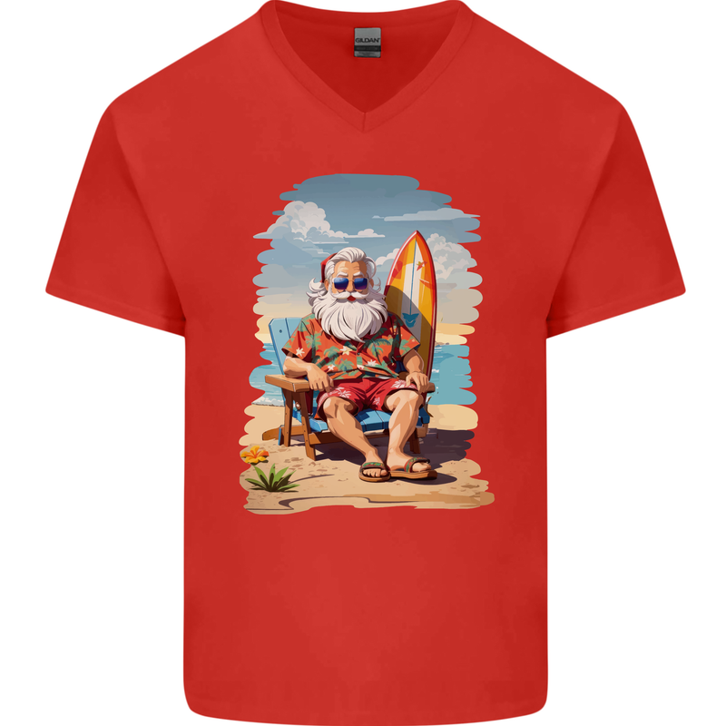 Christmas Santa With Surfboard Xmas Surfing Mens V-Neck Cotton T-Shirt Red