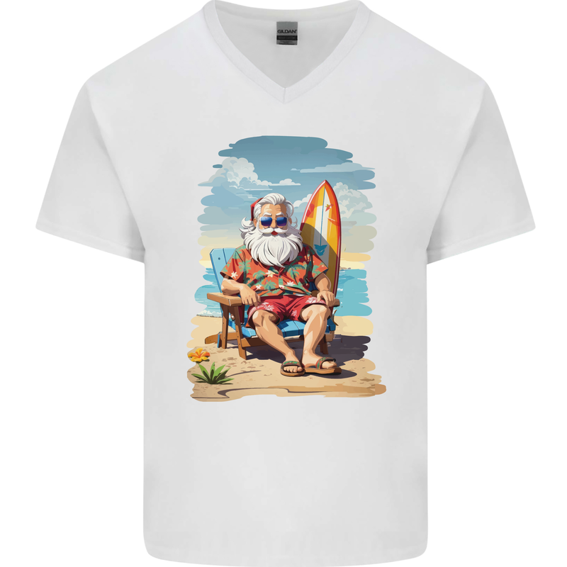 Christmas Santa With Surfboard Xmas Surfing Mens V-Neck Cotton T-Shirt White