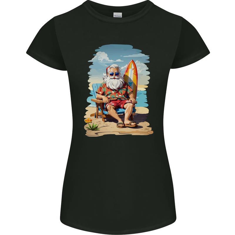 Christmas Santa With Surfboard Xmas Surfing Womens Petite Cut T-Shirt Black
