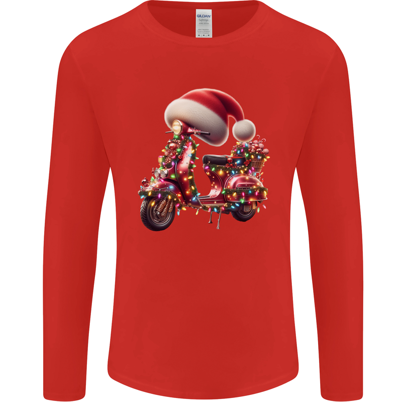 Christmas Scooter Xmas Hat MOD Moped Mens Long Sleeve T-Shirt Red