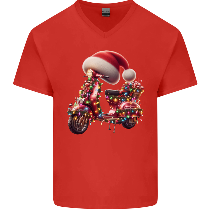 Christmas Scooter Xmas Hat MOD Moped Mens V-Neck Cotton T-Shirt Red