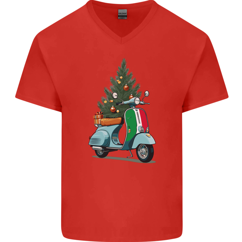 Christmas Scooter Xmas MOD Moped Mens V-Neck Cotton T-Shirt Red