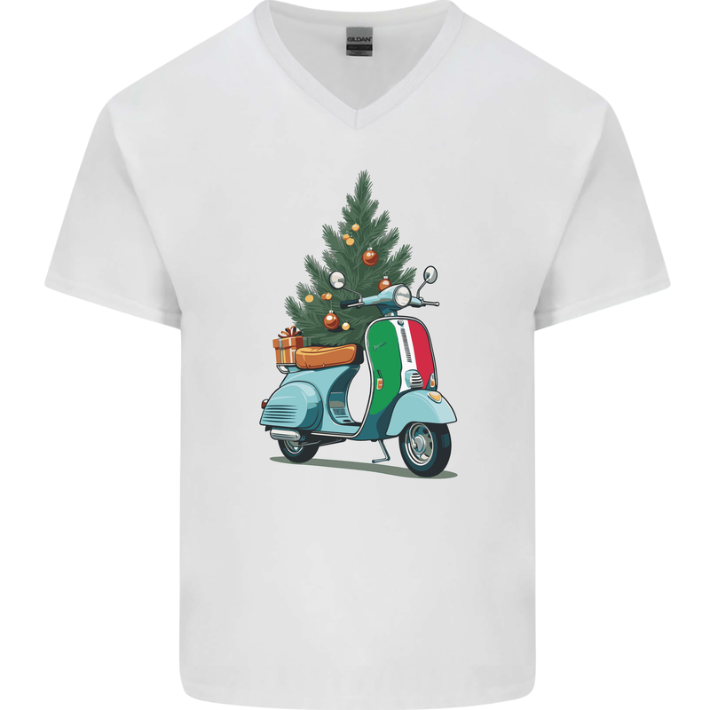 Christmas Scooter Xmas MOD Moped Mens V-Neck Cotton T-Shirt White