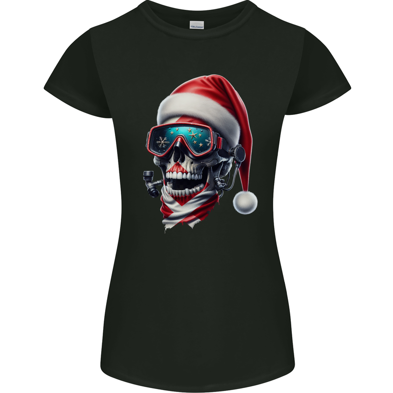 Christmas Scuba Diving Skull Xmas Hat Womens Petite Cut T-Shirt Black