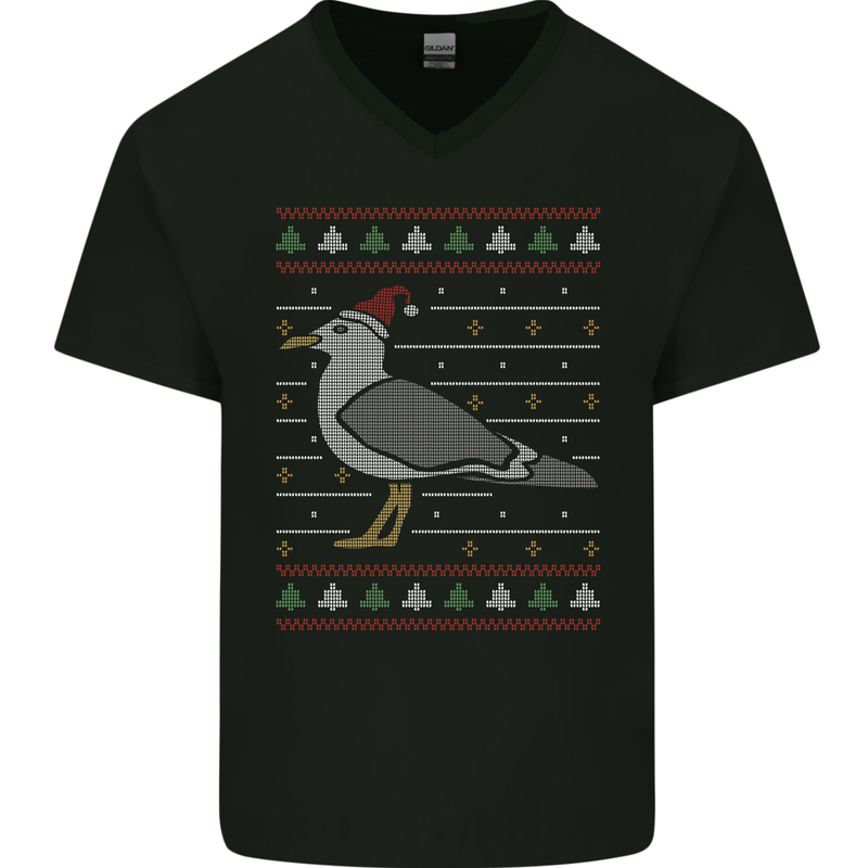 Christmas Seagull Xmas Pigeon Mens V-Neck Cotton T-Shirt Black