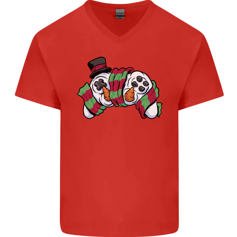 Christmas Snow Video Game Controller Joypad Xmas Mens V-Neck Cotton T-Shirt Red