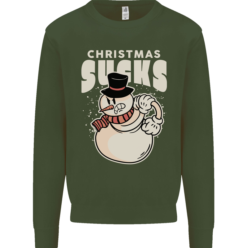 Christmas Sucks Bah Humbug Snowman Xmas Kids Sweatshirt Jumper Forest Green