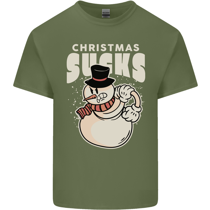 Christmas Sucks Bah Humbug Snowman Xmas Mens Cotton T-Shirt Tee Top Military Green