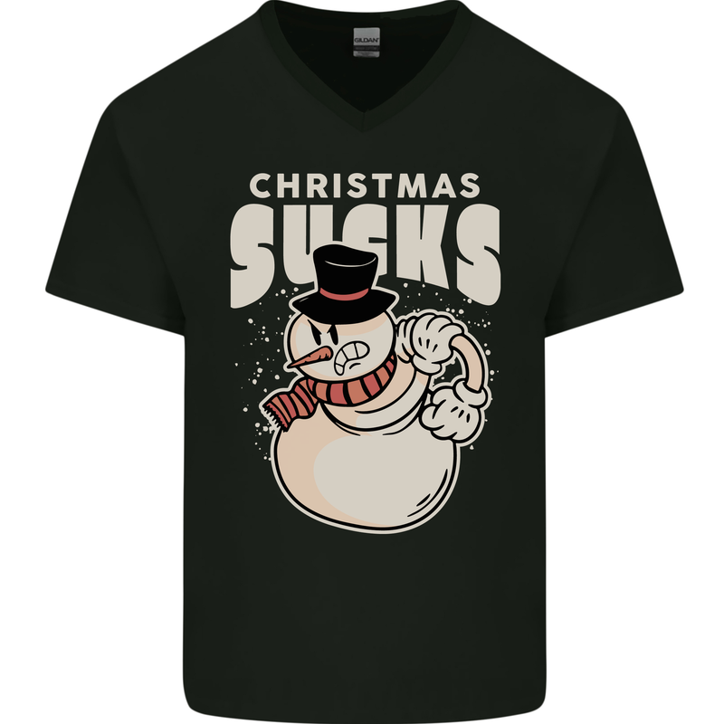 Christmas Sucks Bah Humbug Snowman Xmas Mens V-Neck Cotton T-Shirt Black
