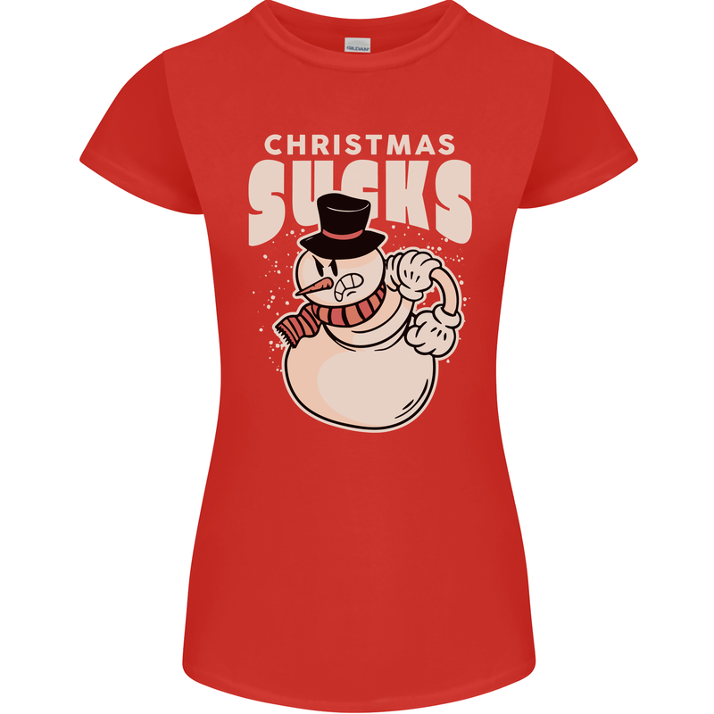 Christmas Sucks Bah Humbug Snowman Xmas Womens Petite Cut T-Shirt Red