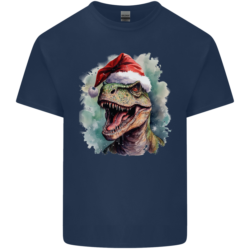 Christmas T-Rex Dinosaur Xmas Hat Kids T-Shirt Childrens Navy Blue