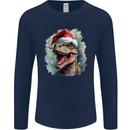 Christmas T-Rex Dinosaur Xmas Hat Mens Long Sleeve T-Shirt Navy Blue