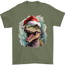 Christmas T-Rex Dinosaur Xmas Hat Mens T-Shirt 100% Cotton Military Green
