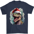 Christmas T-Rex Dinosaur Xmas Hat Mens T-Shirt 100% Cotton Navy Blue