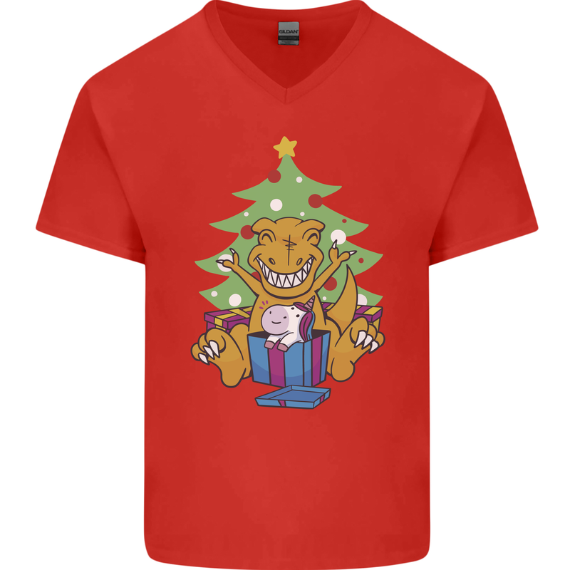 Christmas T-Rex & Unicorn Funny Xmas Gift Mens V-Neck Cotton T-Shirt Red