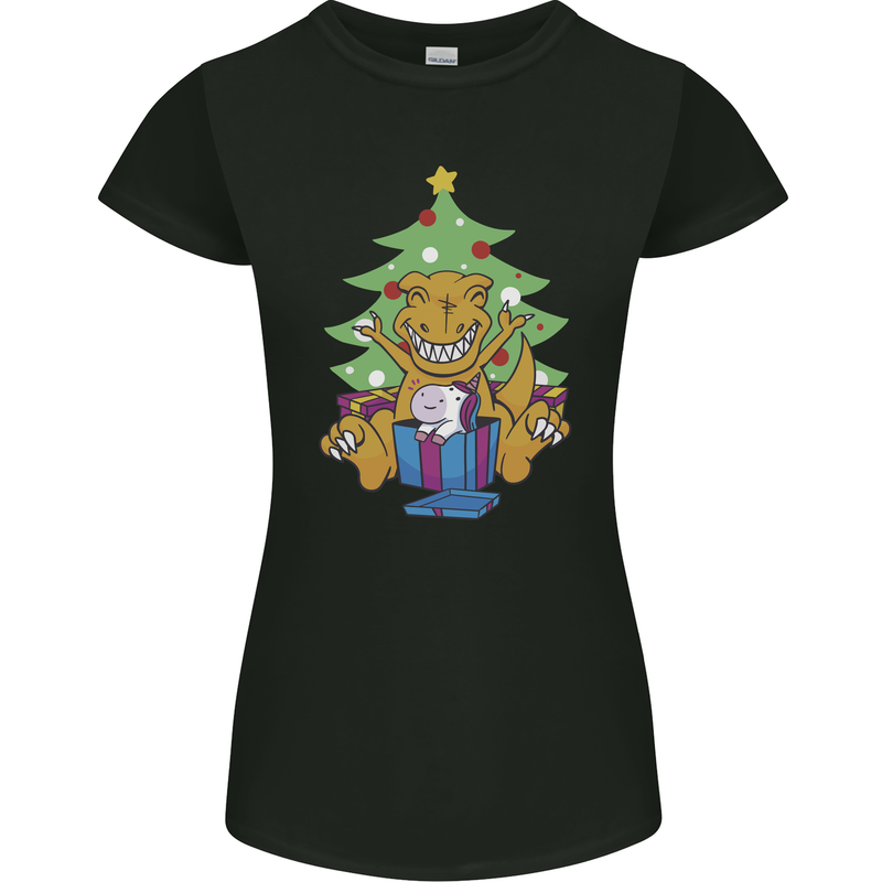 Christmas T-Rex & Unicorn Funny Xmas Gift Womens Petite Cut T-Shirt Black