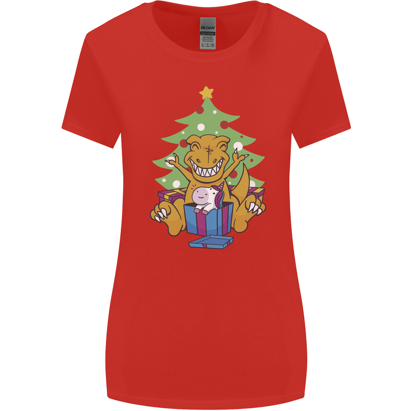 Christmas T-Rex & Unicorn Funny Xmas Gift Womens Wider Cut T-Shirt Red