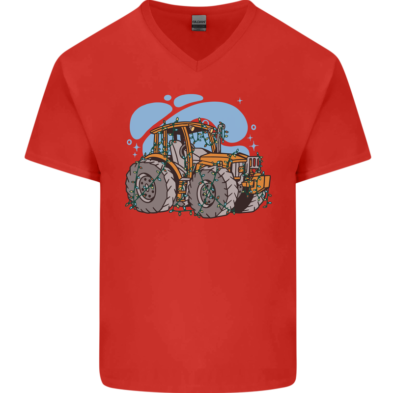 Christmas Tractor Farming Farmer Xmas Mens V-Neck Cotton T-Shirt Red