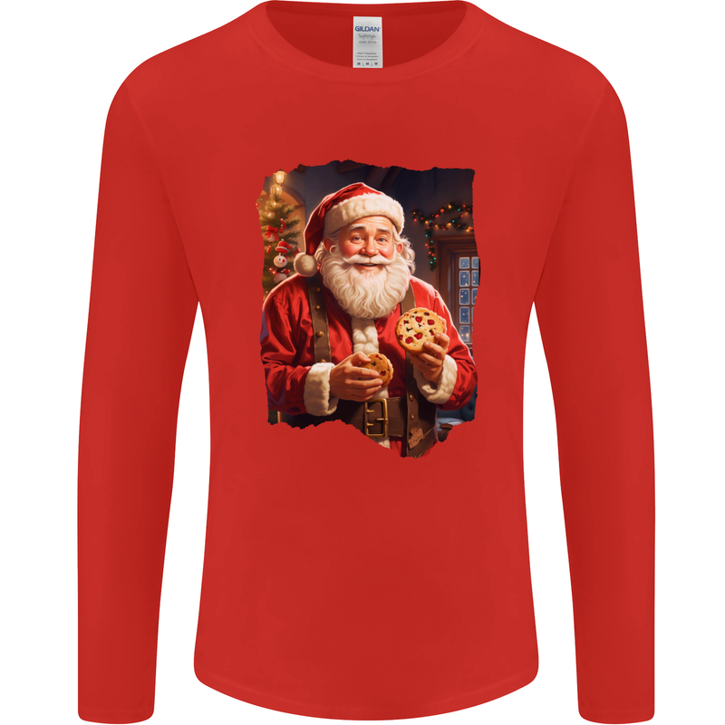 Christmas Traditional Santa With Cookies Xmas Mens Long Sleeve T-Shirt Red