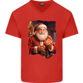 Christmas Traditional Santa With Cookies Xmas Mens V-Neck Cotton T-Shirt Red