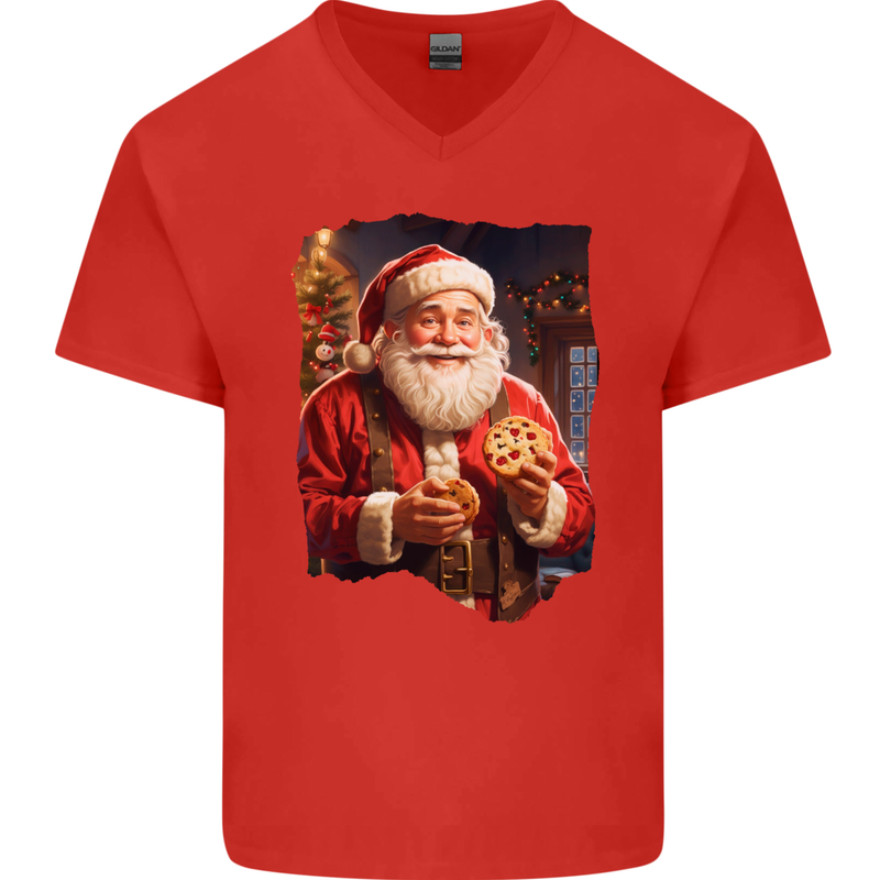 Christmas Traditional Santa With Cookies Xmas Mens V-Neck Cotton T-Shirt Red