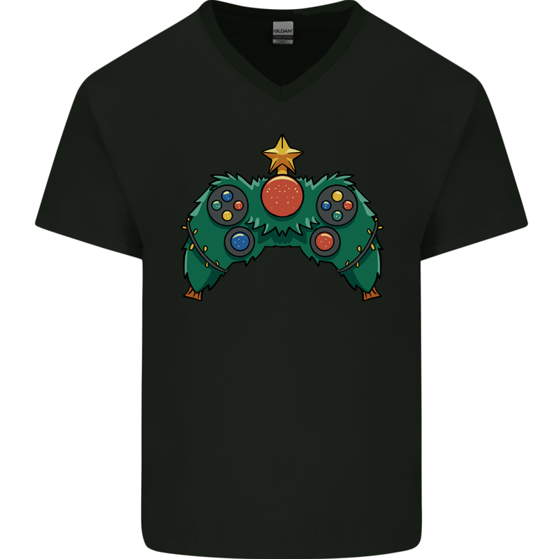 Christmas Tree Video Game Controller Joypad Xmas Mens V-Neck Cotton T-Shirt Black