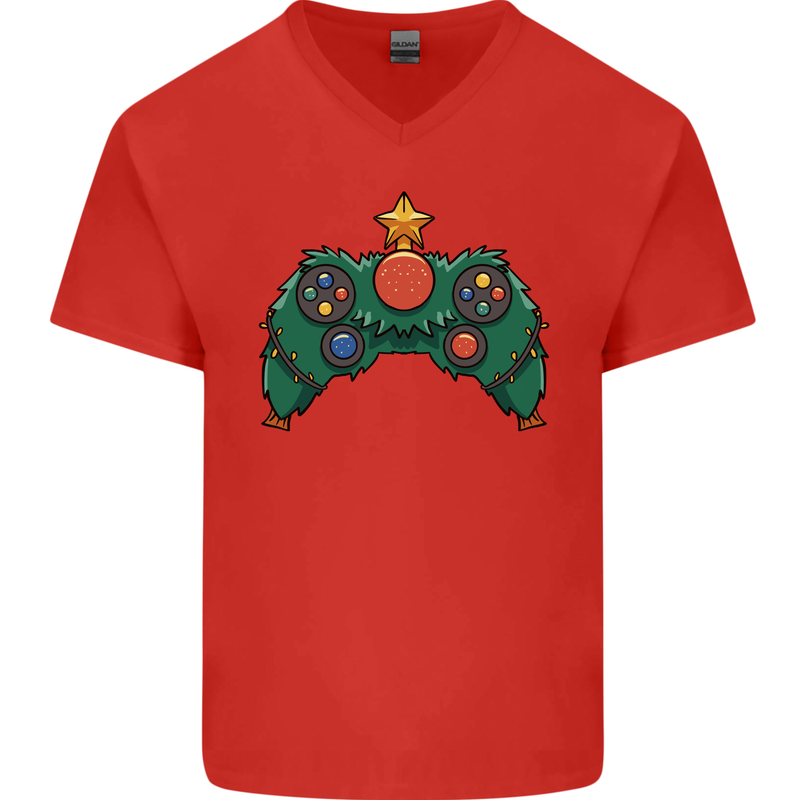 Christmas Tree Video Game Controller Joypad Xmas Mens V-Neck Cotton T-Shirt Red