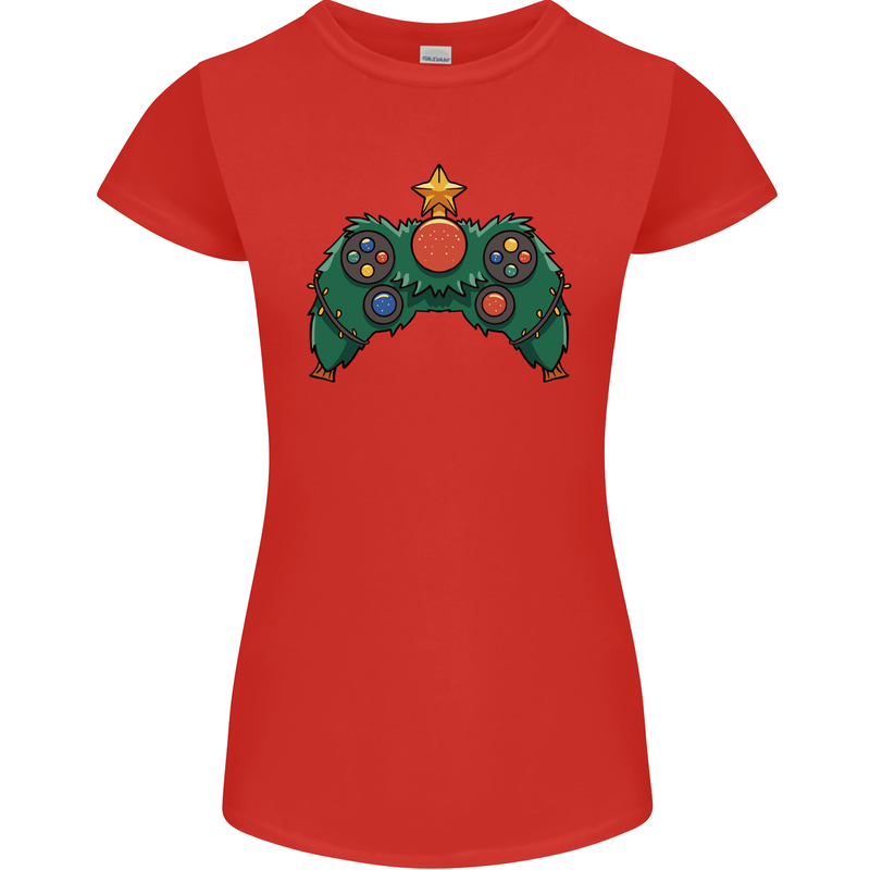 Christmas Tree Video Game Controller Joypad Xmas Womens Petite Cut T-Shirt Red