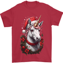 Christmas Unicorn Wreath Xmas Mens T-Shirt 100% Cotton Red