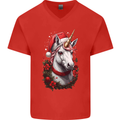 Christmas Unicorn Wreath Xmas Mens V-Neck Cotton T-Shirt Red