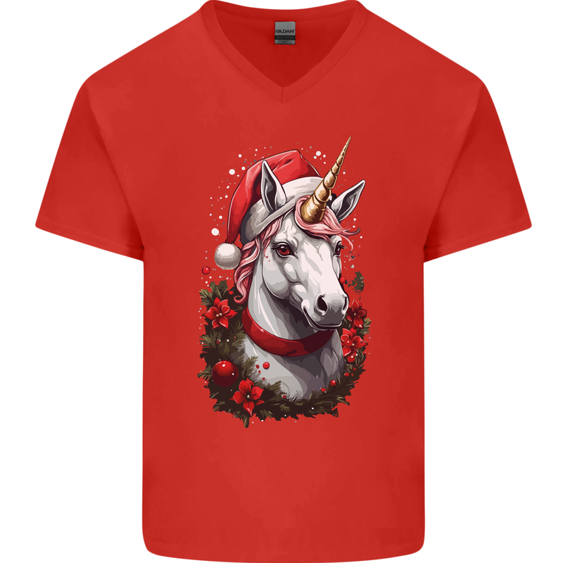 Christmas Unicorn Wreath Xmas Mens V-Neck Cotton T-Shirt Red