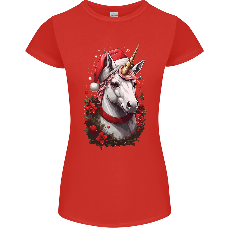 Christmas Unicorn Wreath Xmas Womens Petite Cut T-Shirt Red