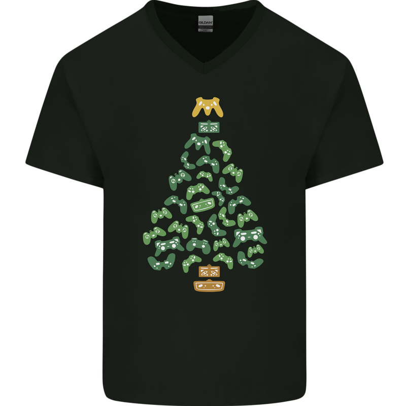 Christmas Video Game Controller Tree Joypad Xmas Mens V-Neck Cotton T-Shirt Black