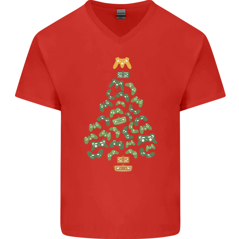 Christmas Video Game Controller Tree Joypad Xmas Mens V-Neck Cotton T-Shirt Red