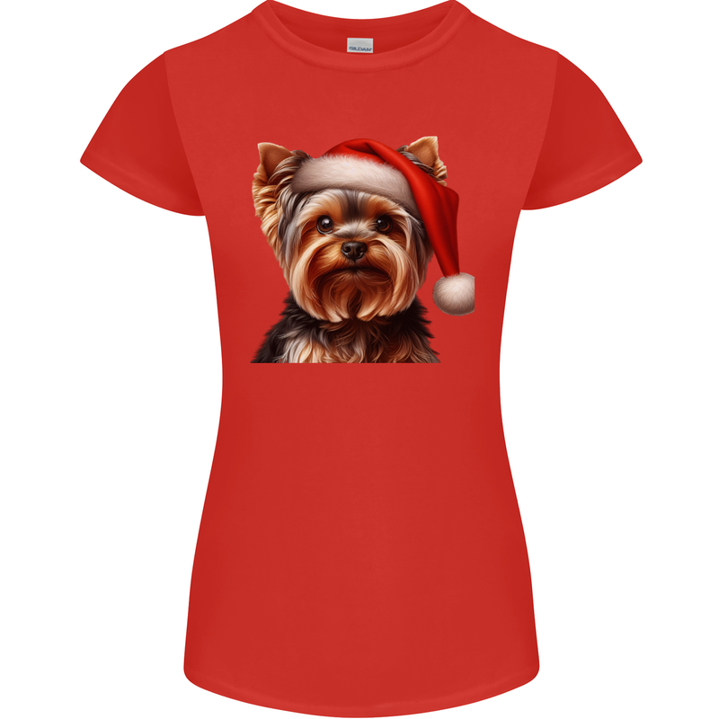 Christmas Yorkshire Terrier Dog Xmas Yorkie Womens Petite Cut T-Shirt Red