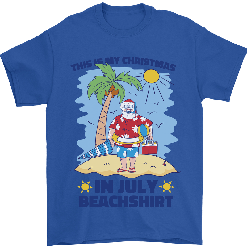 Christmas in July Summer Santa Clause Beach Mens T-Shirt 100% Cotton Royal Blue