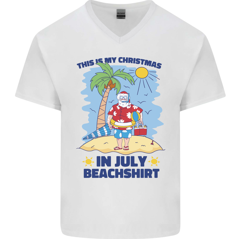 Christmas in July Summer Santa Clause Beach Mens V-Neck Cotton T-Shirt White
