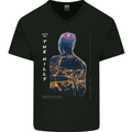 City Lights & Mountains Double Exposure Mens V-Neck Cotton T-Shirt Black
