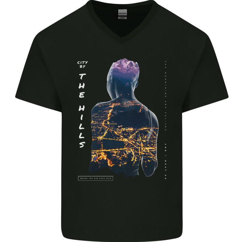 City Lights & Mountains Double Exposure Mens V-Neck Cotton T-Shirt Black