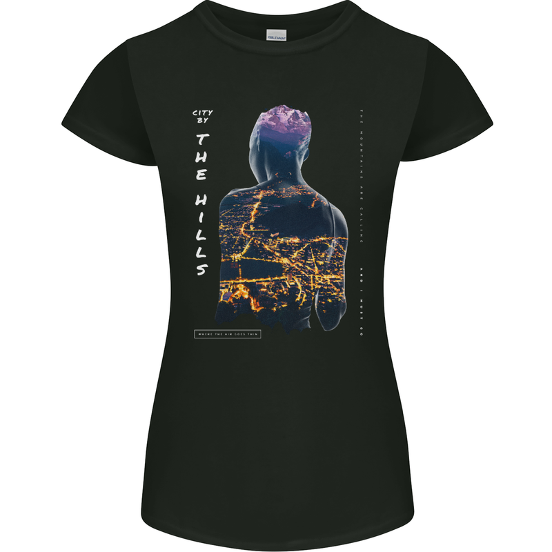 City Lights & Mountains Double Exposure Womens Petite Cut T-Shirt Black