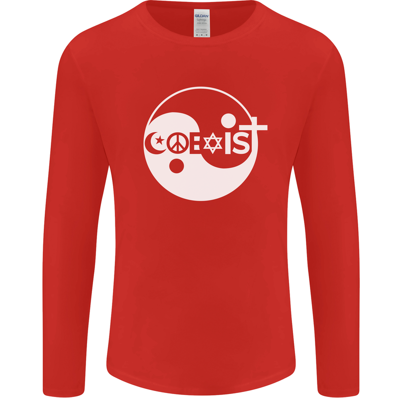 Coexist World Peace Love Religion Hippy Anti War Mens Long Sleeve T-Shirt Red