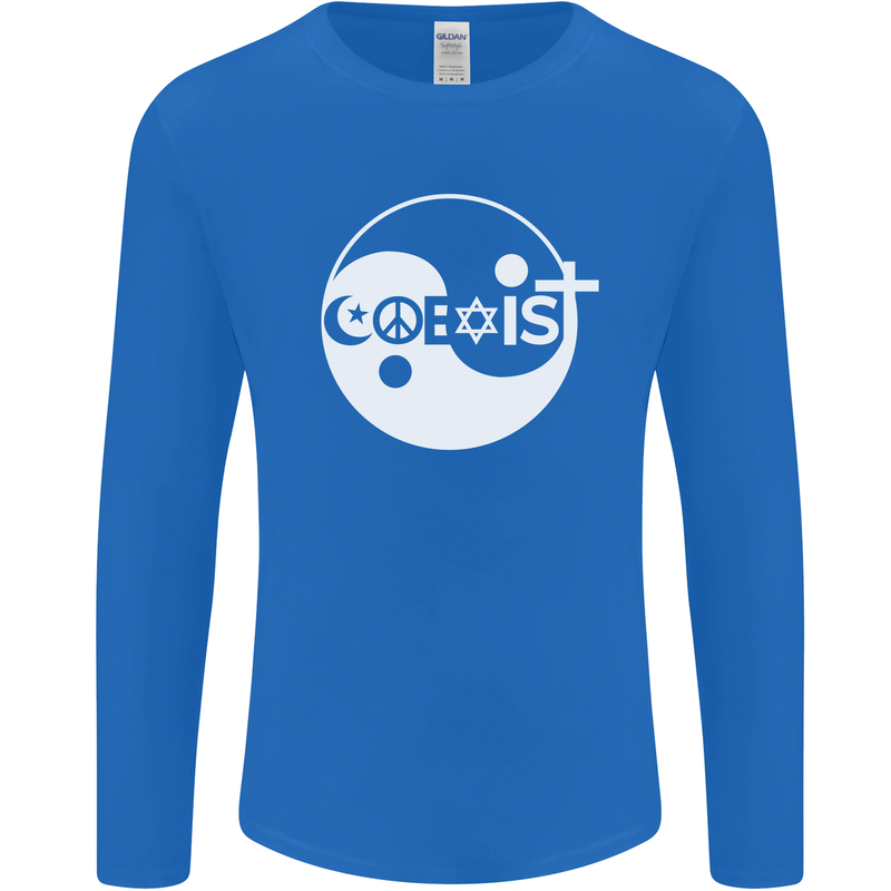 Coexist World Peace Love Religion Hippy Anti War Mens Long Sleeve T-Shirt Royal Blue
